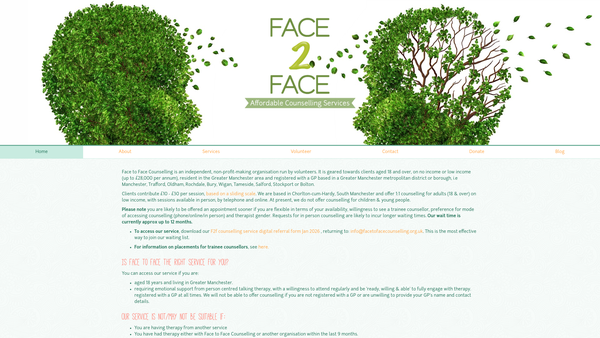 Screenshot of the Face To Face Counselling Service website