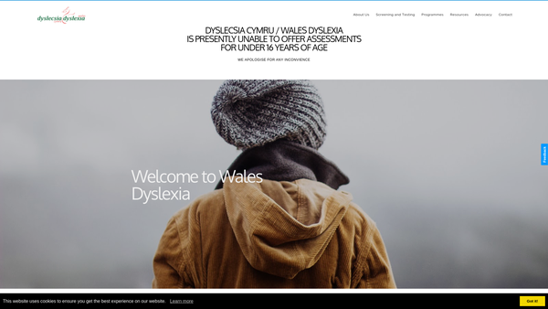 Screenshot of the Dyslecsia Cymru / Wales Dyslexia website