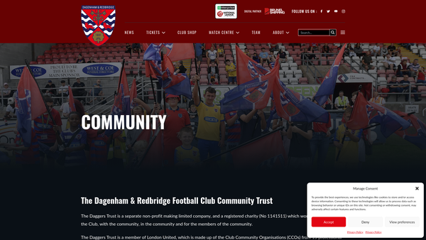 Screenshot of the Dagenham And Redbridge FC Community Trust website