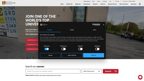 Screenshot of the Bangor University website