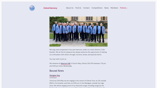 Screenshot of the Oxford Harmony Club website