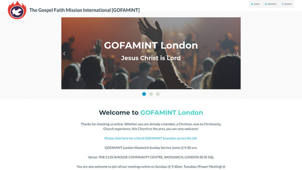 Screenshot of the The Gospel Faith Mission International (Gofamint)uk Branch website