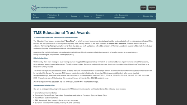 Screenshot of the The Micropalaeontological Society Educational Trust website