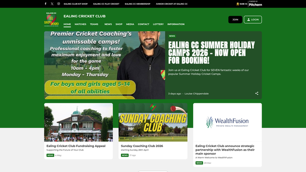 Screenshot of the Ealing Cricket Club website