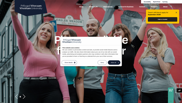 Screenshot of the Prifysgol Wrecsam/Wrexham University website