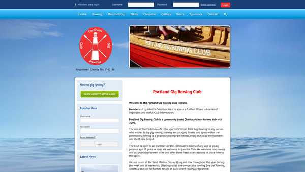 Screenshot of the Portland Gig Rowing Club website