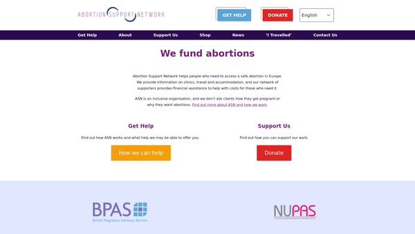Screenshot of the Abortion Support Network website