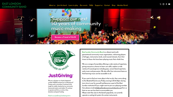Screenshot of the East London Community Band website
