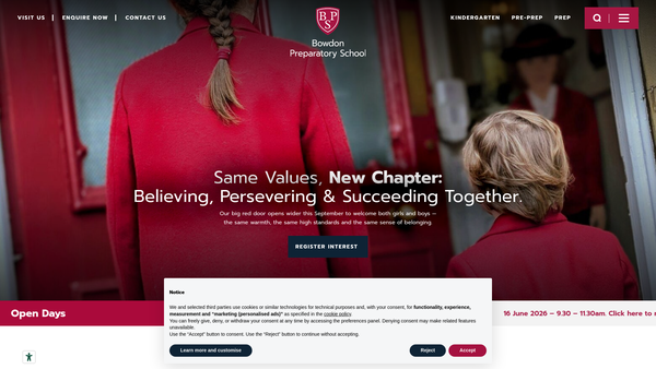 Screenshot of the Bowdon Preparatory School website
