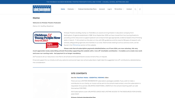 Screenshot of the Pintsize Theatre Limited website