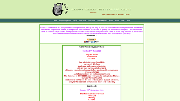 Screenshot of the Garbo's German Shepherd Dog Rescue website