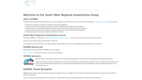 Screenshot of the South West Regional Anaesthesia Group website