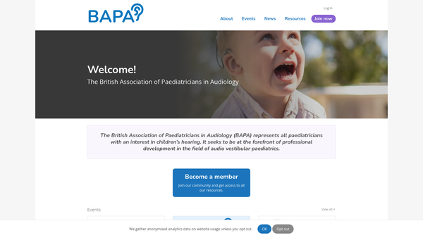 Screenshot of the British Association Of Paediatricians In Audiology (Bapa) website