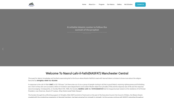 Screenshot of the Nasrul-Lahi-L- Fatih Society Of Nigeria (Manchester Central) England website