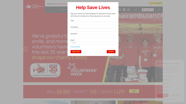 Screenshot of the Midlands Air Ambulance Charity website