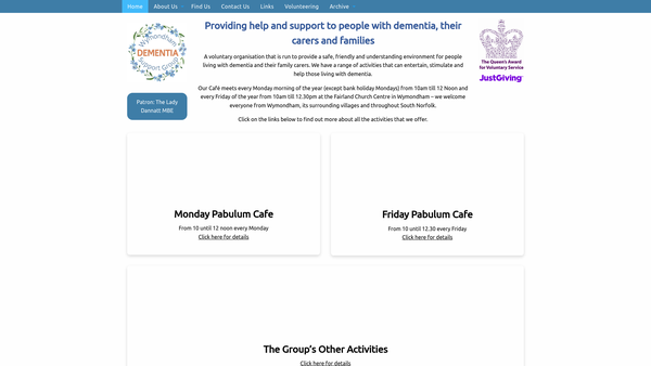 Screenshot of the Wymondham Dementia Support Group website