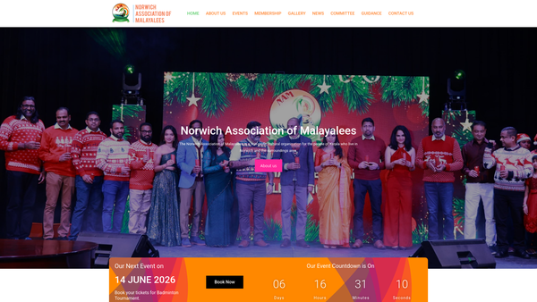 Screenshot of the Norwich Association Of Malayalees website