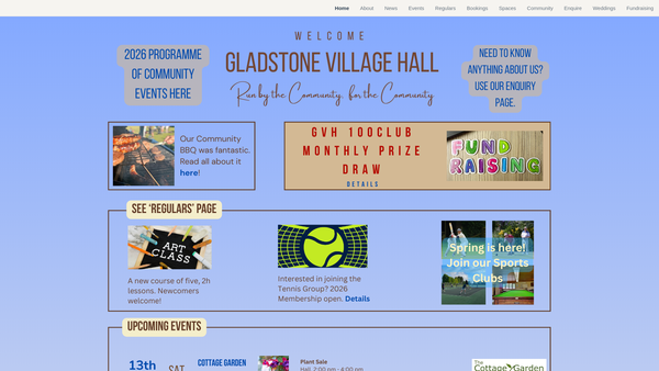 Screenshot of the Gladstone Village Hall website