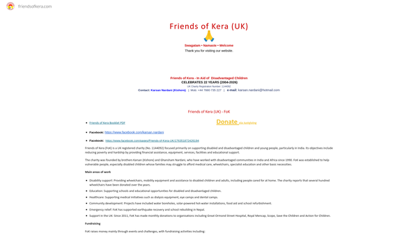 Screenshot of the Friends Of Kera (UK) website