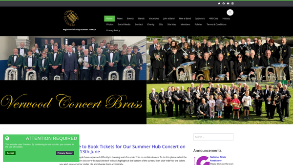 Screenshot of the Verwood Prize Band (Verwood Concert Brass) website