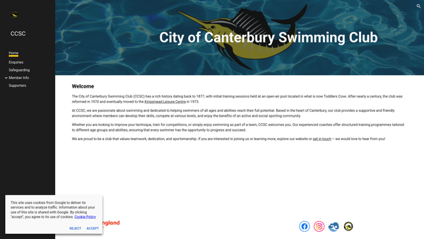 Screenshot of the City Of Canterbury Swimming Club website
