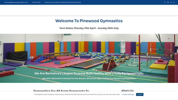 Screenshot of the Pinewood Gymnastics Club Limited website