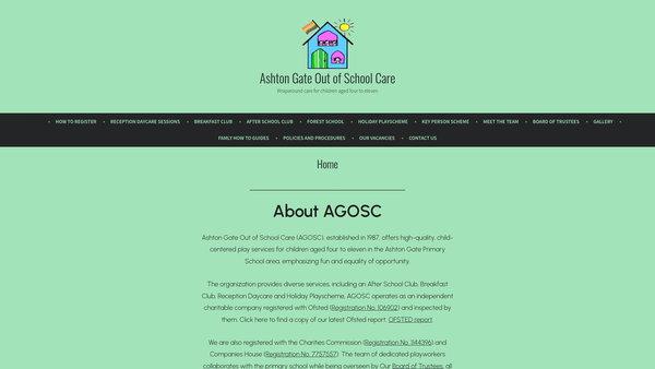 Screenshot of the Ashton Gate Out Of School Care website