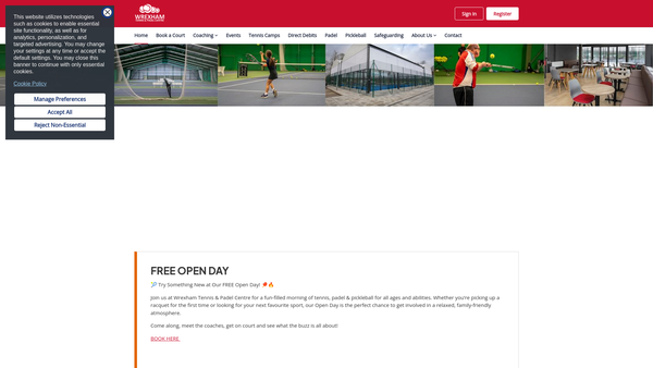 Screenshot of the Wrexham Tennis and Padel Centre website