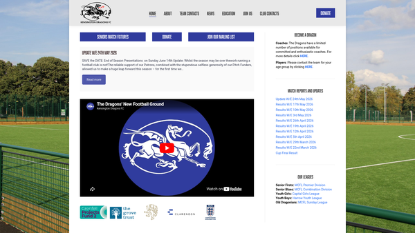Screenshot of the Kensington Dragons Football Club Limited website