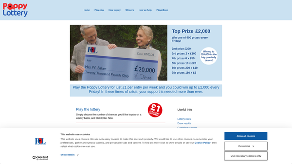 Screenshot of the Royal British Legion Poppy Lottery Limited website