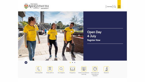 Screenshot of the Prifysgol Aberystwyth website