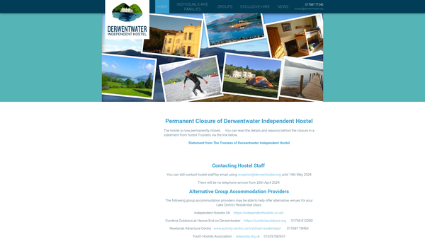Screenshot of the Derwentwater Independent Hostel website