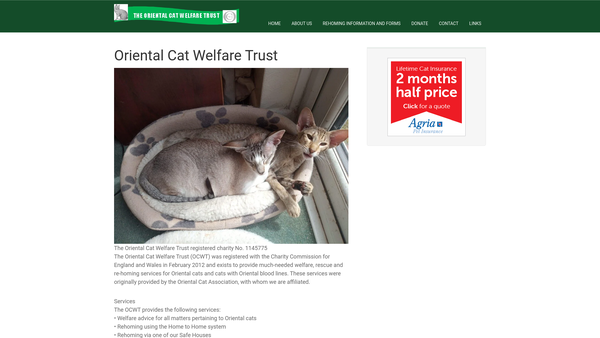 Screenshot of the The Oriental Cat Welfare Trust website
