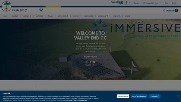 Screenshot of the Valley End Cricket Club website