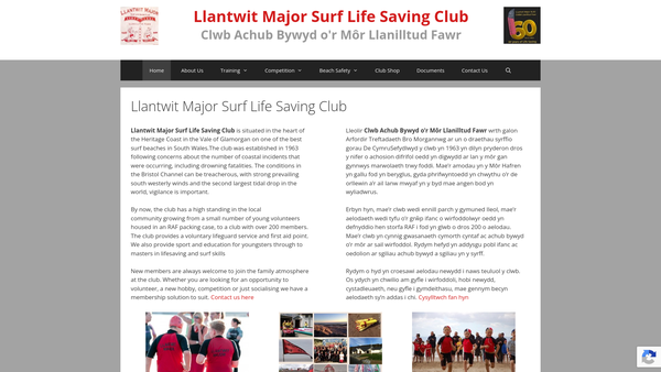 Screenshot of the Llantwit Major Surf Lifesaving Club website