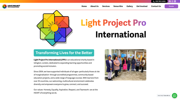 Screenshot of the Light Project Pro International website