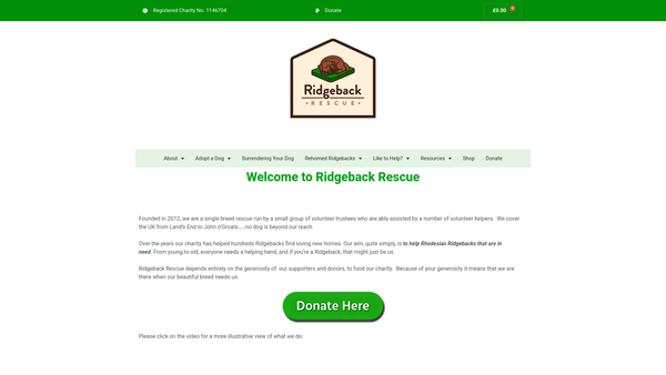 Screenshot of the Ridgeback Rescue website