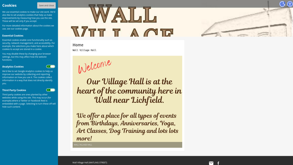 Screenshot of the Wall Village Hall (Watling Street) website