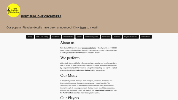 Screenshot of the Port Sunlight Orchestral Society website