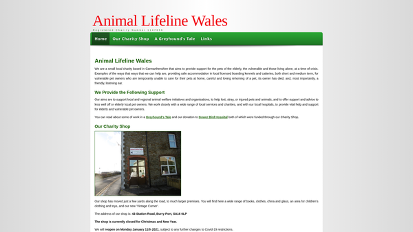 Screenshot of the Animal Lifeline Wales website