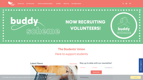Screenshot of the University Of Sussex Students' Union website