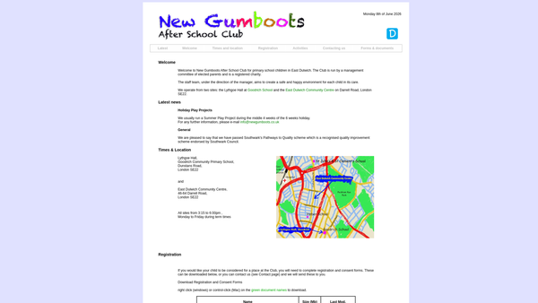 Screenshot of the New Gumboots After School Club website