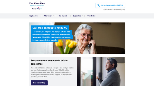 Screenshot of the The Silver Line Helpline website