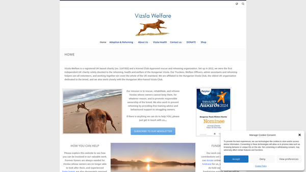 Screenshot of the Hungarian Vizsla Welfare Charity website
