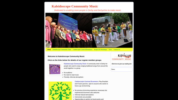 Screenshot of the Kaleidoscope Community Music website
