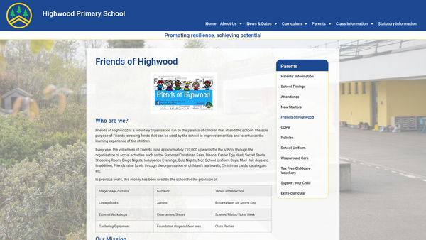 Screenshot of the Friends Of Highwood Primary School website