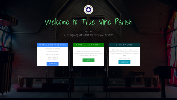 Screenshot of the The Redeemed Christian Church Of God ("Rccg") True Vine Parish website