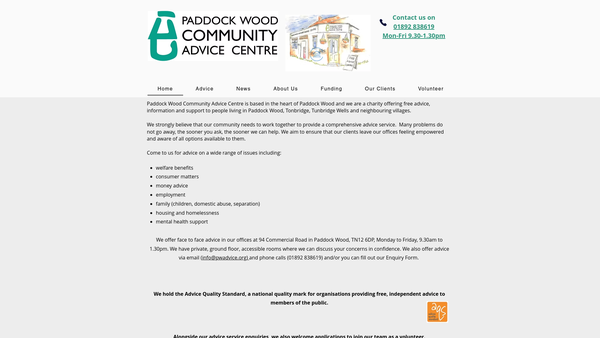 Screenshot of the Paddock Wood Community Advice Centre website