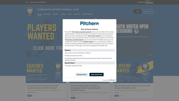 Screenshot of the Tynemouth United Football Club website