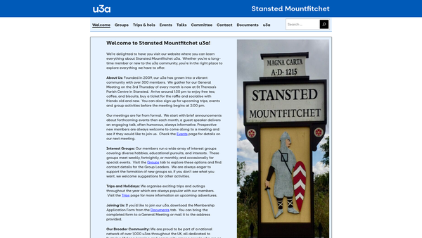 Screenshot of the Stansted Mountfichet University Of The Third Age website
